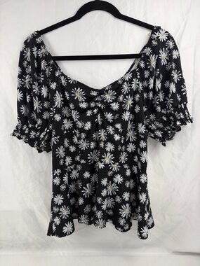 AUW Daisy Print Crop Top Black White Floral Stretch Tee Size L